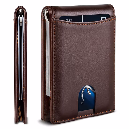 Whole Sale Stamp Logo Metal Logo Printing Genuine Leather Wallet for Men